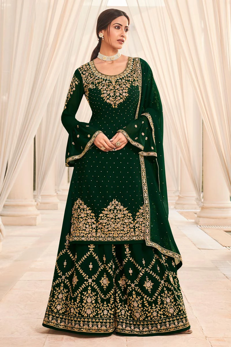 Dark Green Straight Cut Georgette Sharara Suit for Eid