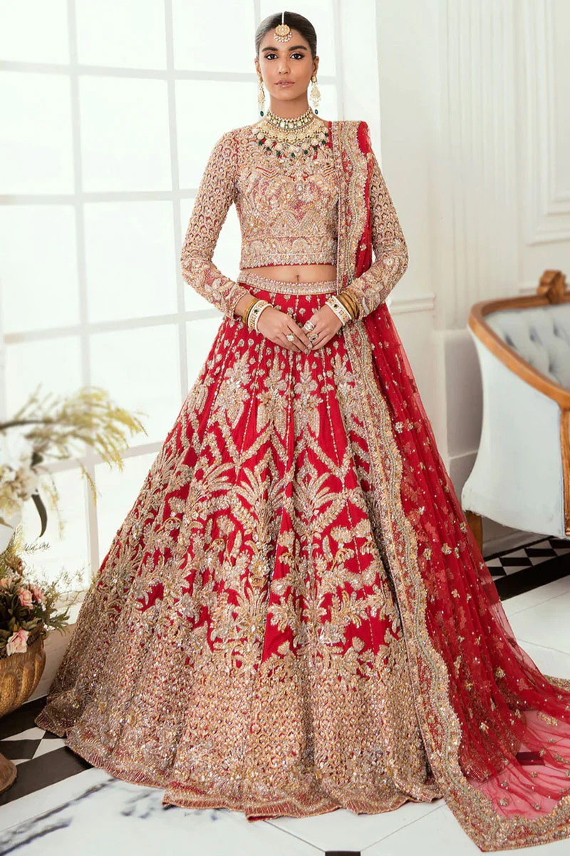 Silk Lehenga with Beads Embroidery in Red for