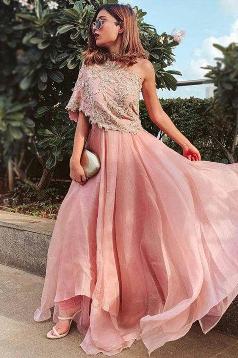 Salmon Pink Organza Embroidered Indo-Western Eid Anarkali Suit