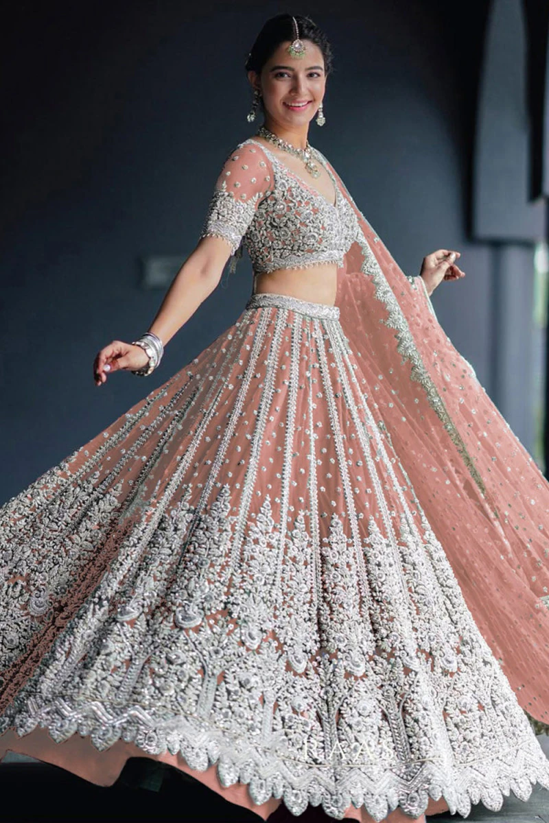 Sequins Embroidered Net Dusty Peach A Line Eid Lehenga